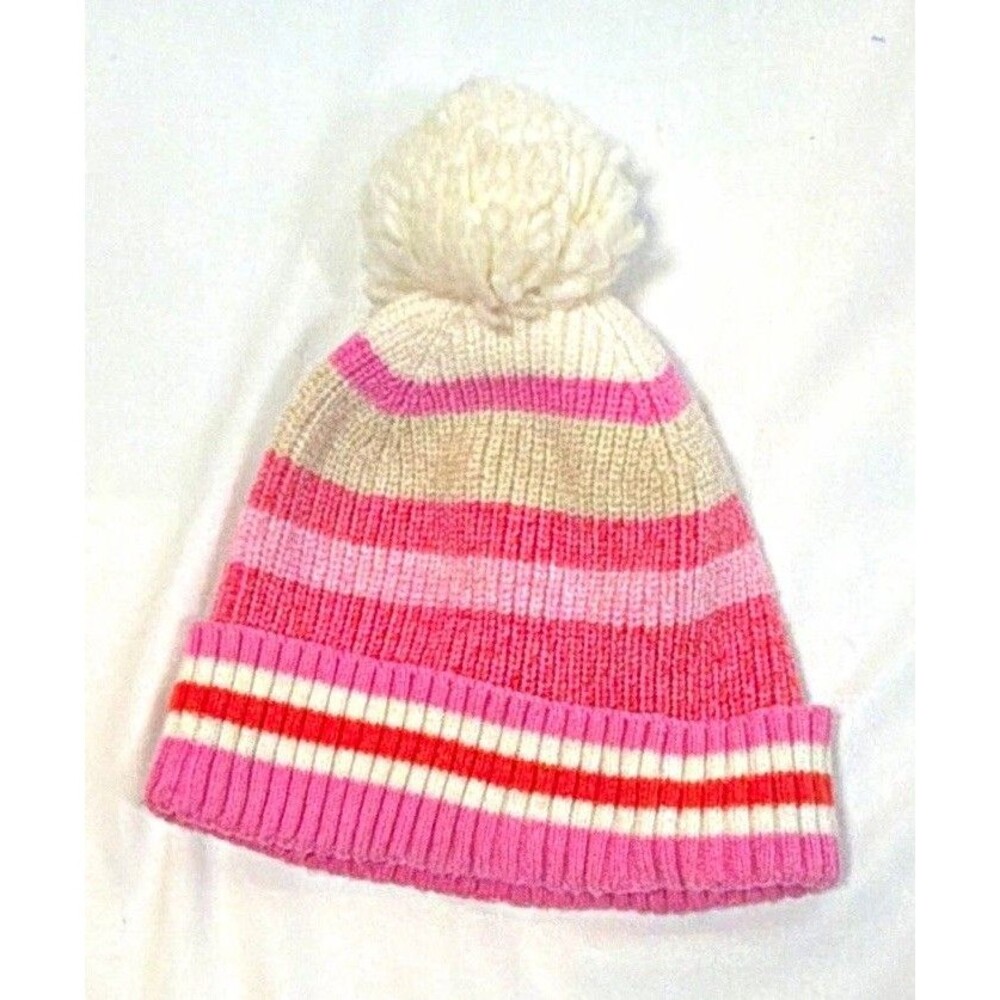 Pink & White Striped Knit Baby Beanie Hat w/ Pom-Pom, Winter Casual